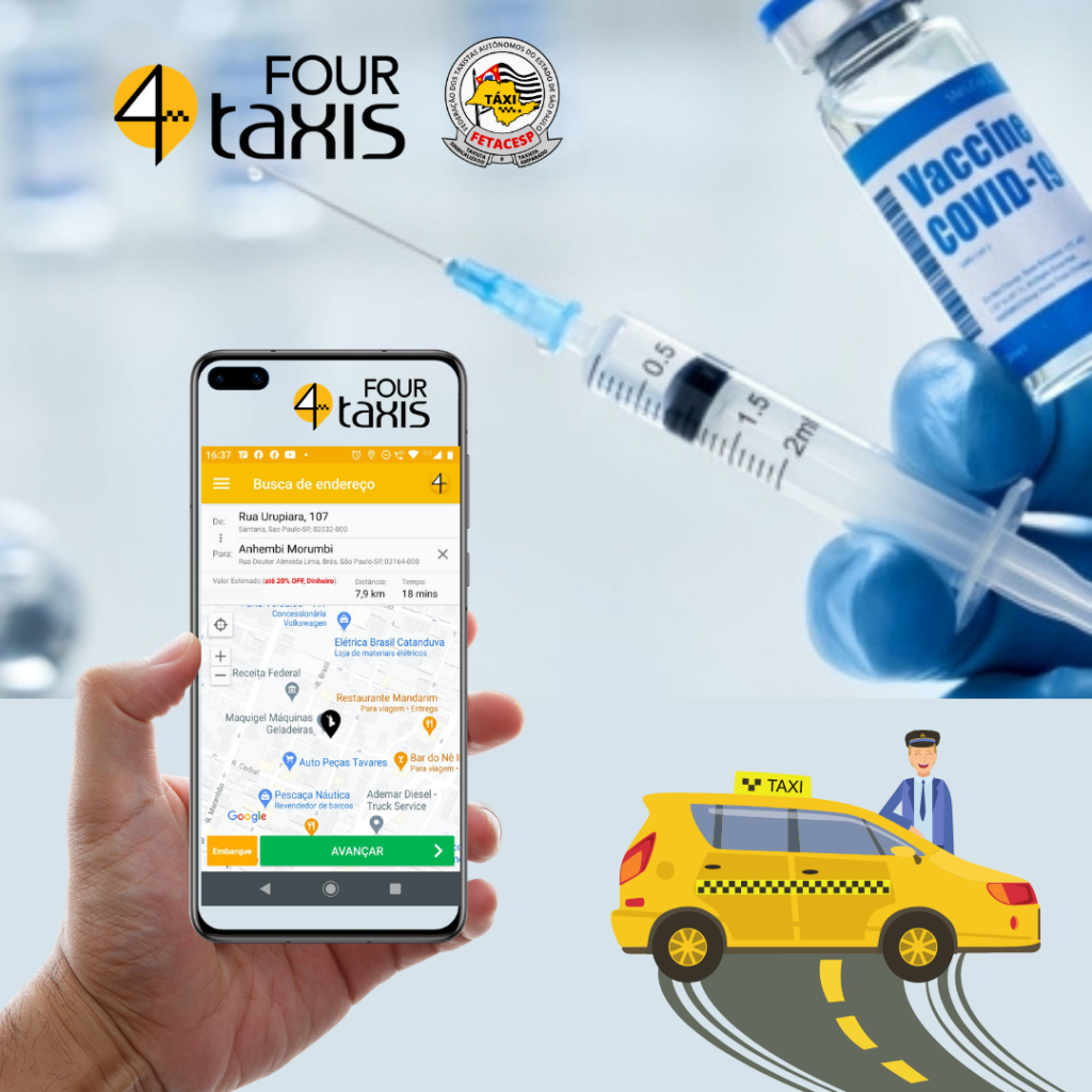 Vacina Covid: vá e volte de forma gratuita com o app Four Taxis.